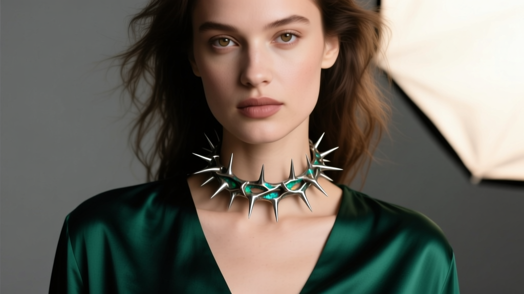 Model wearing an oxidized sterling silver thorn choker on the collarbone against a dark emerald silk blouse in soft studio light.