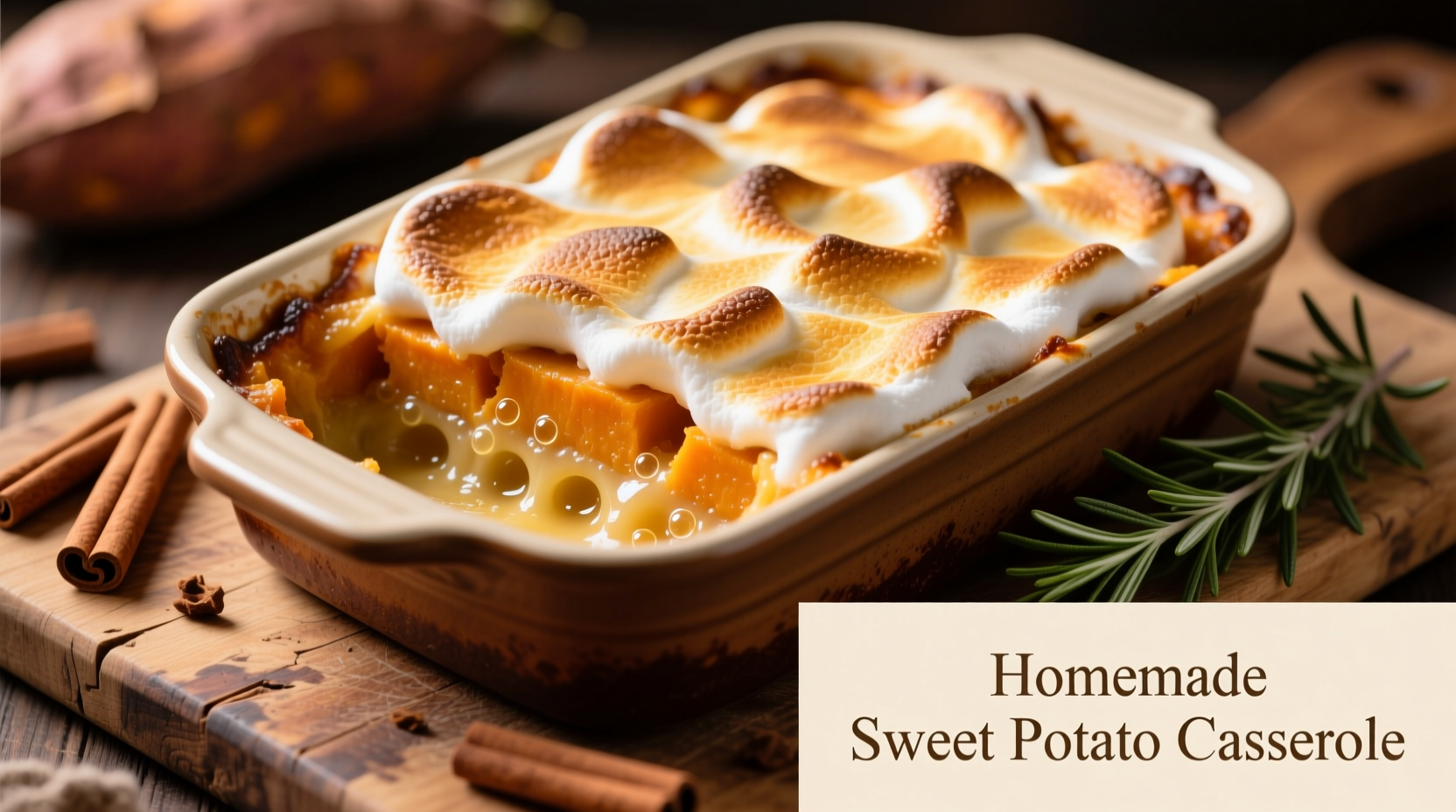 Golden-brown sweet potato casserole with melted marshmallow topping