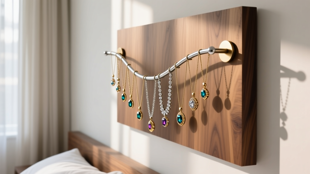 Wire wall jewelry holder bending under heavy necklaces beside a sturdy solid walnut wall mount in a bright modern bedroom setting