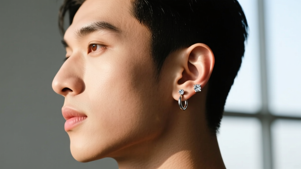 Side profile of a man with a double lobe piercing, wearing a 20-gauge diamond stud and a seamless 18-gauge silver hoop.