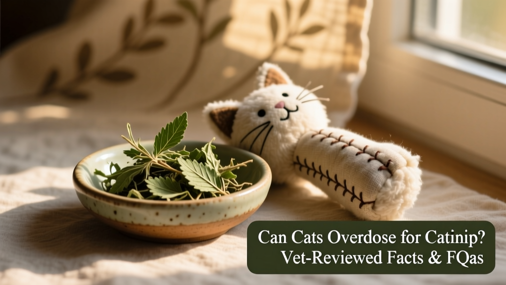A small ceramic dish filled with dried green catnip leaves beside a plush cat toy