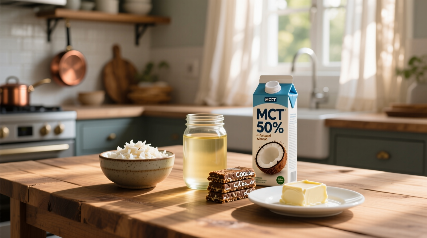 Coconut products and dairy items rich in MCTs on wooden table