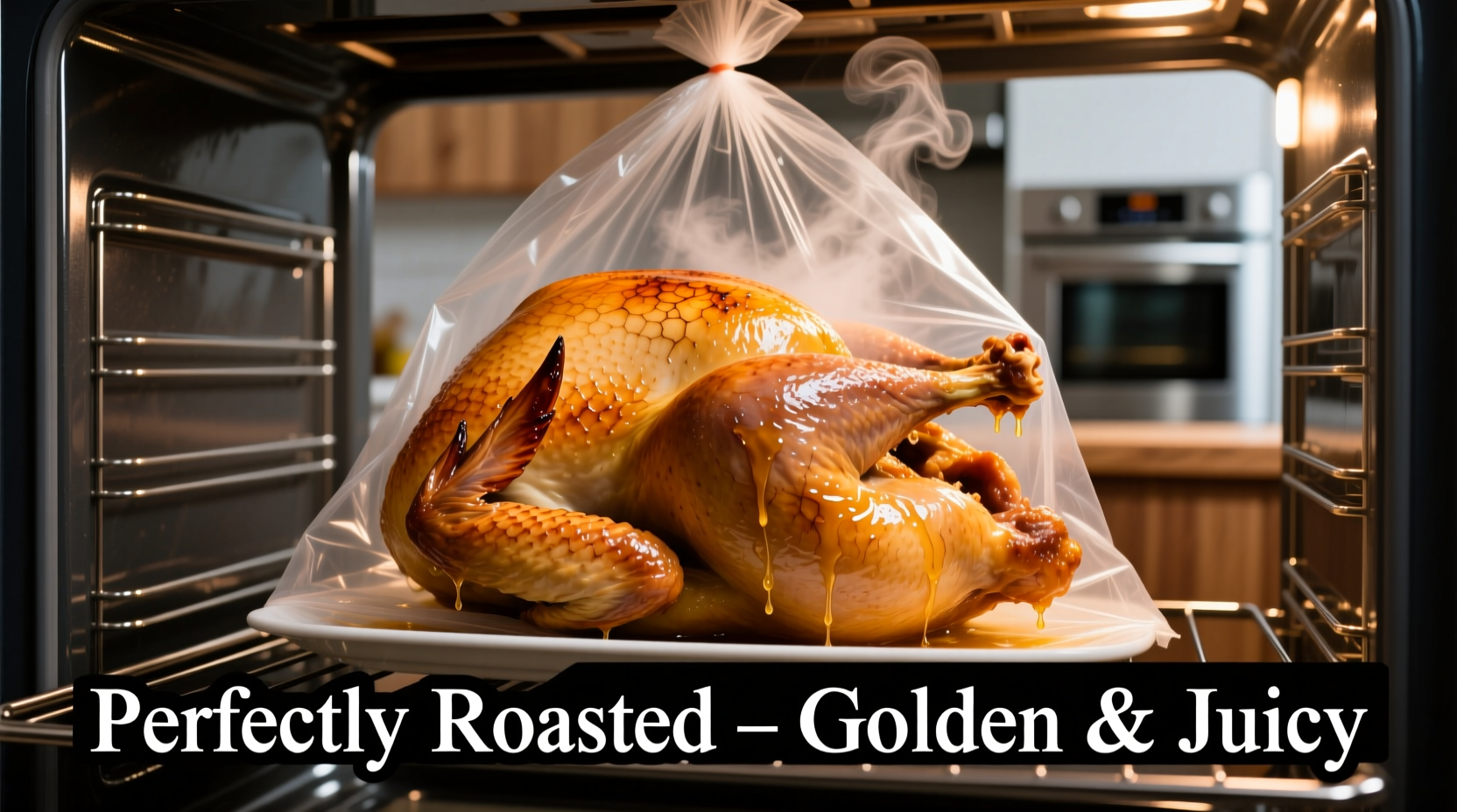 Perfectly roasted turkey in oven bag with golden skin