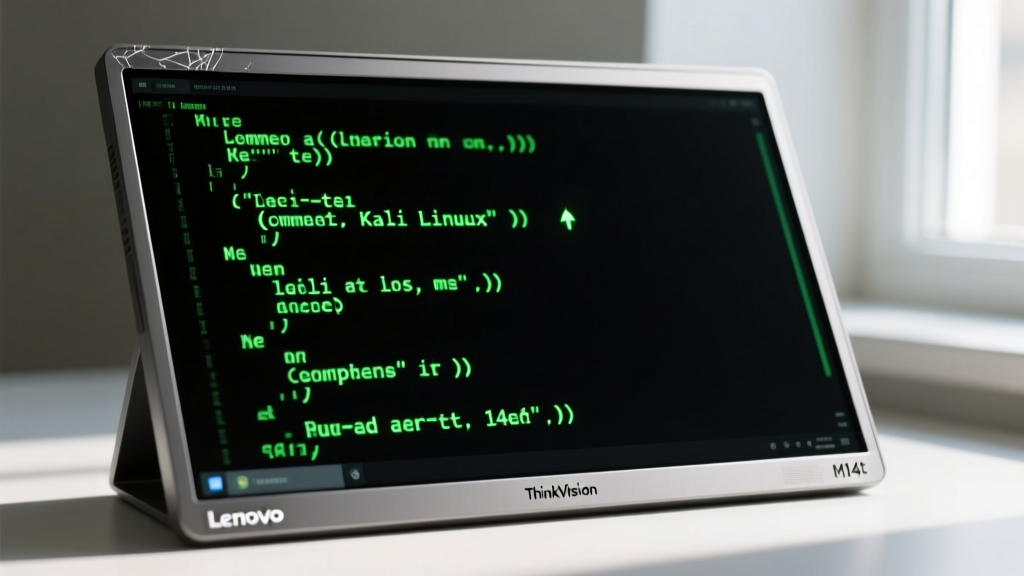 Close-up of Lenovo ThinkVision M14t portable monitor screen showing Kali Linux terminal output with physical scratch marks on the bezel
