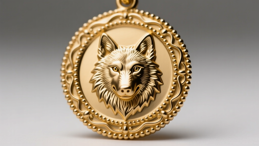 Close-up of a 14k gold St Francis medal showing the Gubbio wolf motif with intricate milgrain detailing on the outer border.