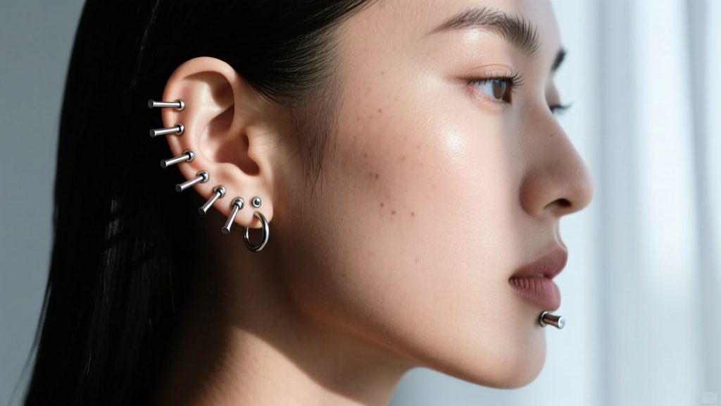 Model side profile showing a cartilage stack with 16-gauge flat-back labrets and seamless niobium micro-huggies in soft light