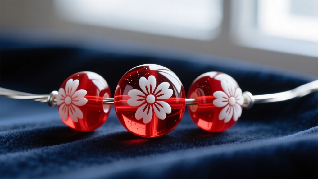 Macro shot of red glass lampwork beads with white floral patterns on silver wire, resting on a dark navy velvet backdrop.