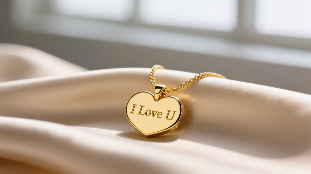 Close-up of 14k yellow gold I Love U pendant on silk, soft lighting highlighting the polished bezel and delicate 1.2mm cable chain