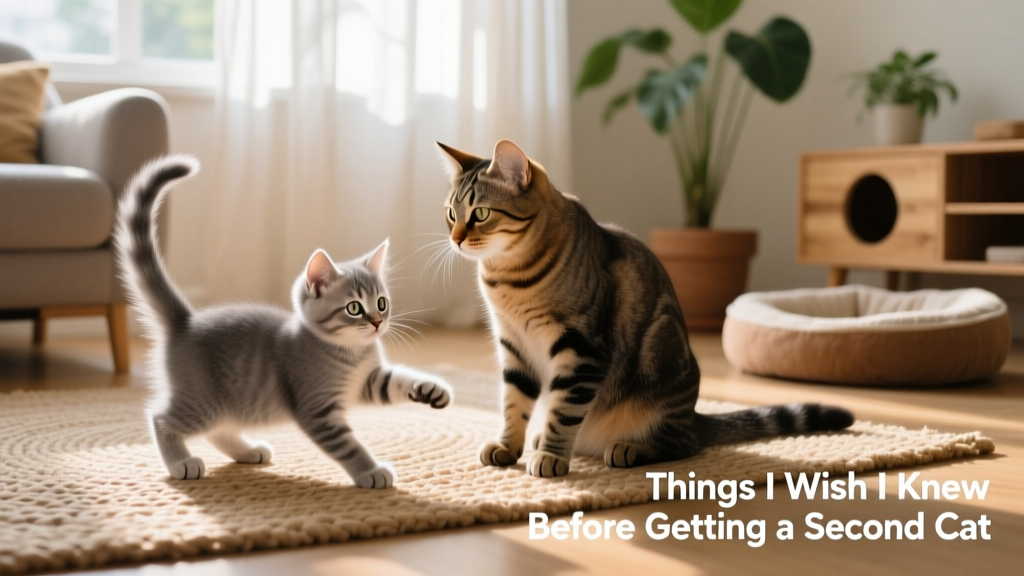 A playful kitten gently batting at an older cat’s tail during supervised interaction