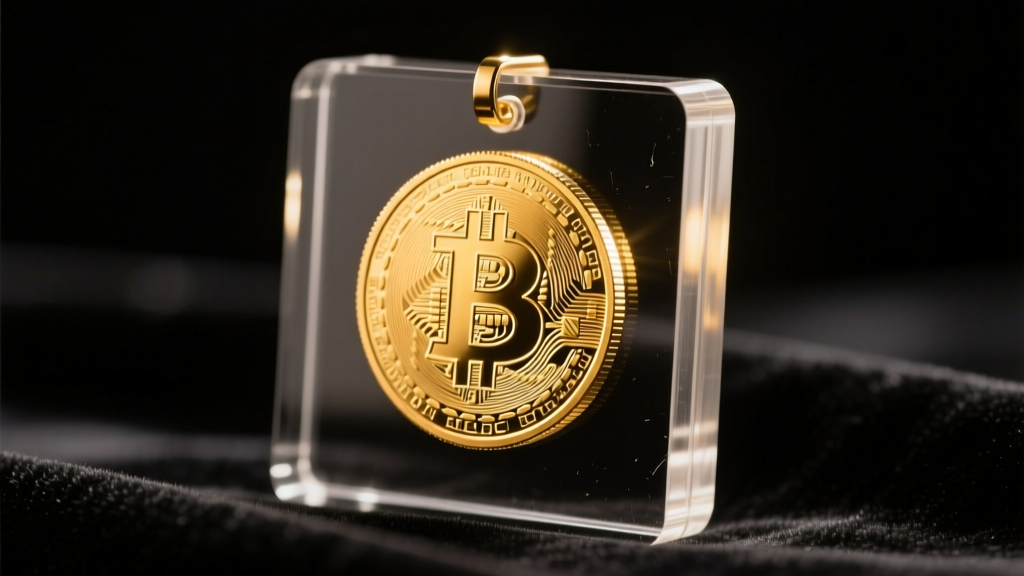 Macro shot of a 24k gold coin inside a clear acrylic bezel, resting on dark velvet under soft, warm, directional studio lighting