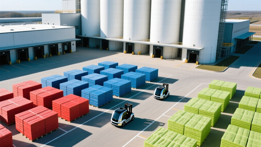 Aerial view of a building materials distribution yard with stacked insulation, cement silos, and autonomous loading vehicles