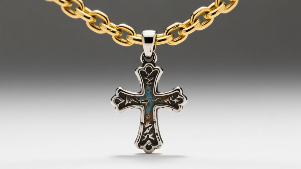 Macro shot of an oxidized silver rugged cross pendant with a 6mm bail, threaded onto a thick 5mm yellow gold Cuban link chain.