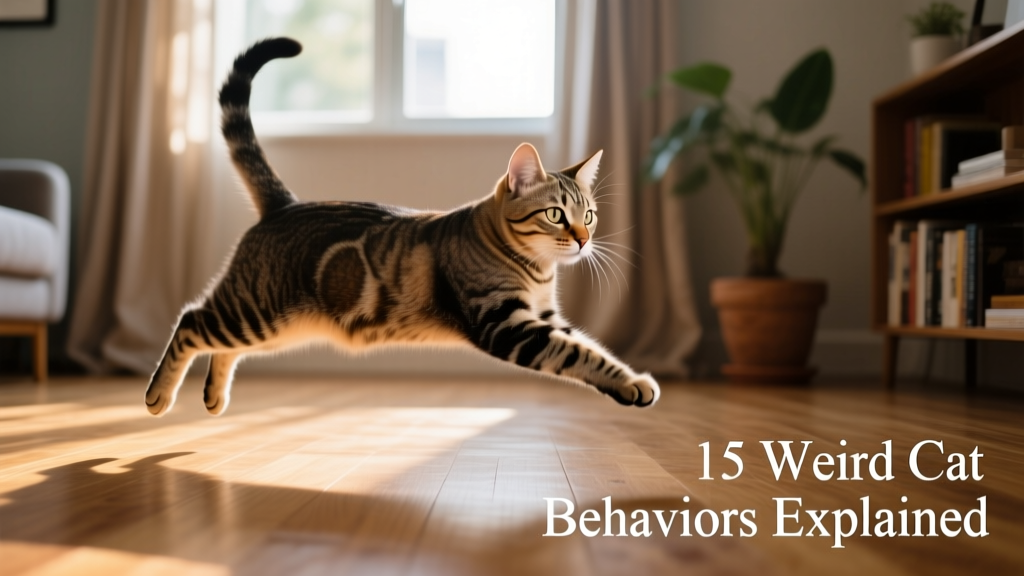 Cat mid-zoom, running across a hardwood floor with tail high