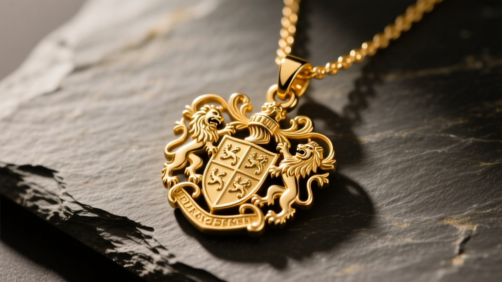 Solid gold family crest necklace pendant on slate, showing hand-engraved heraldic lions and a shield in warm studio lighting
