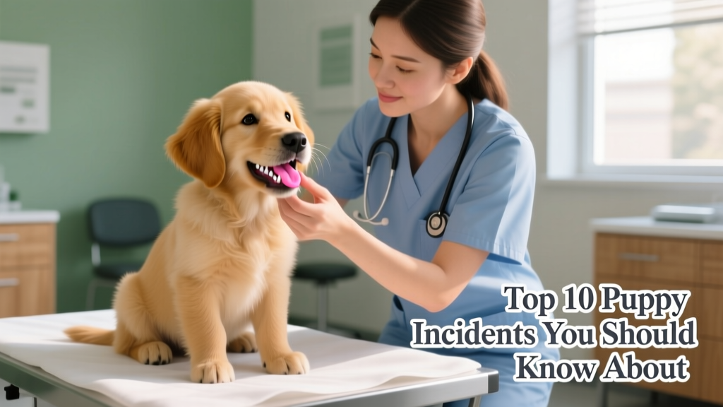 Puppy sitting calmly as a vet gently examines its mouth, showing healthy teeth and gums