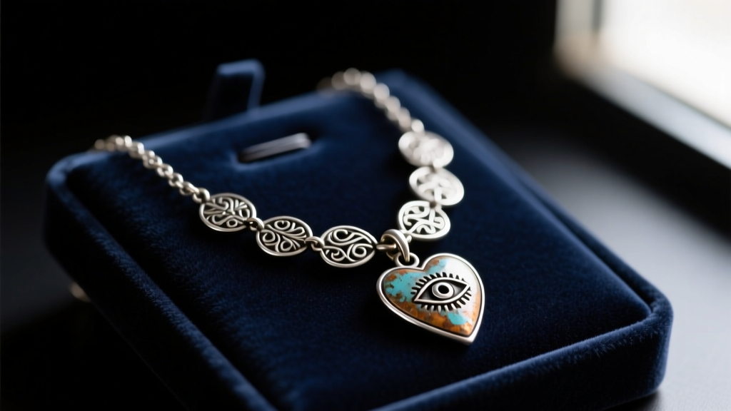 Close-up of an oxidized silver milagro necklace with heart and eye charms resting on a dark velvet jewelry display pad