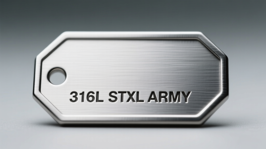 Macro shot of 316L stainless steel army tag with laser text, highlighting the brushed matte finish and precise beveled edges.