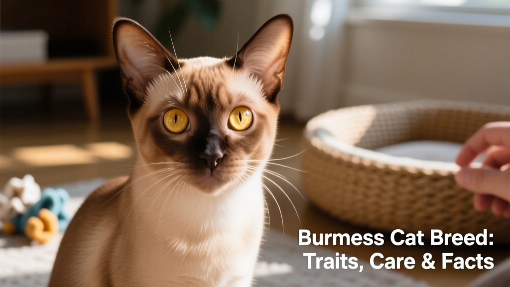 A close-up portrait of a fawn-colored Burmese cat gazing directly at the camera, showing its large, expressive golden eyes and smooth, glossy coat