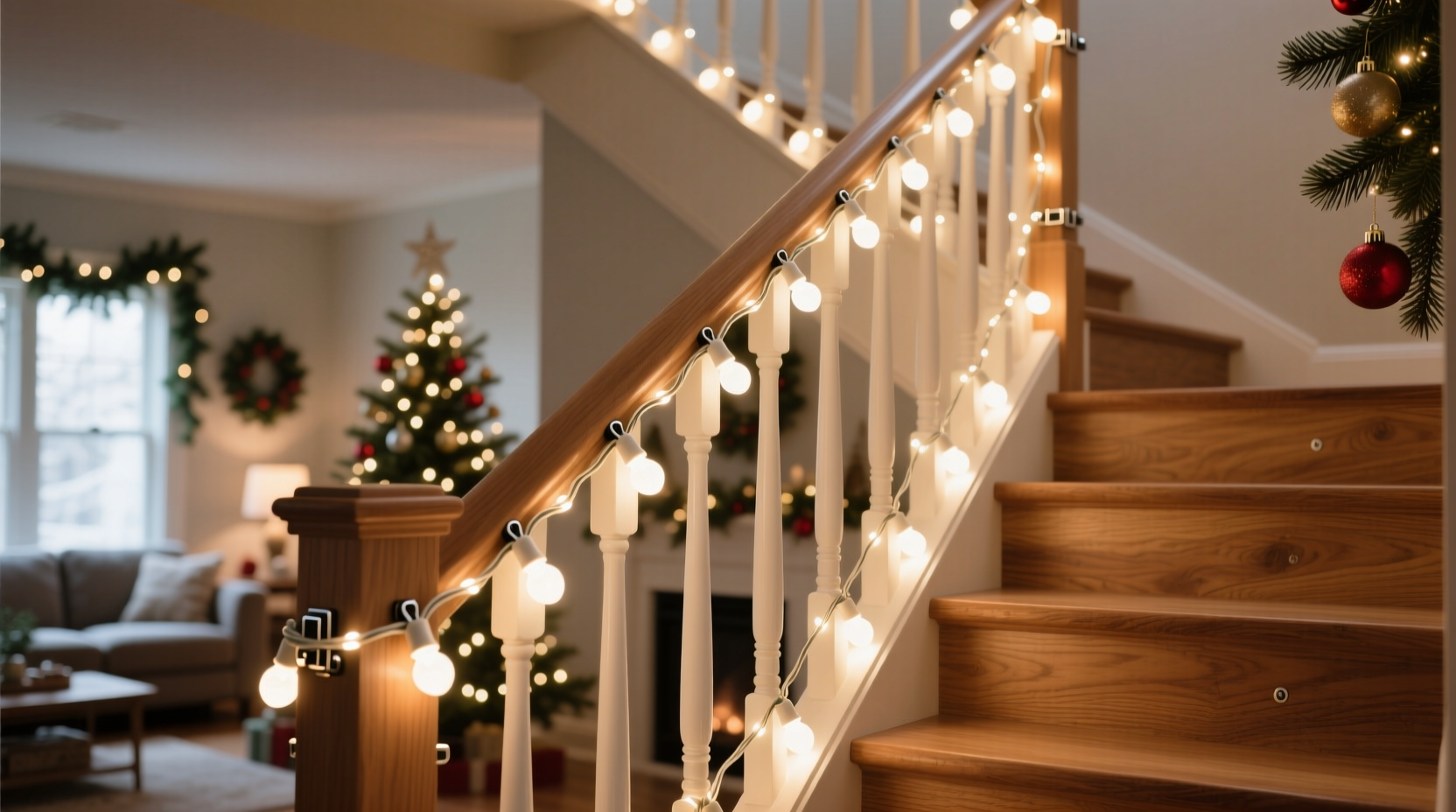 how to drape christmas lights on a staircase railing without sagging