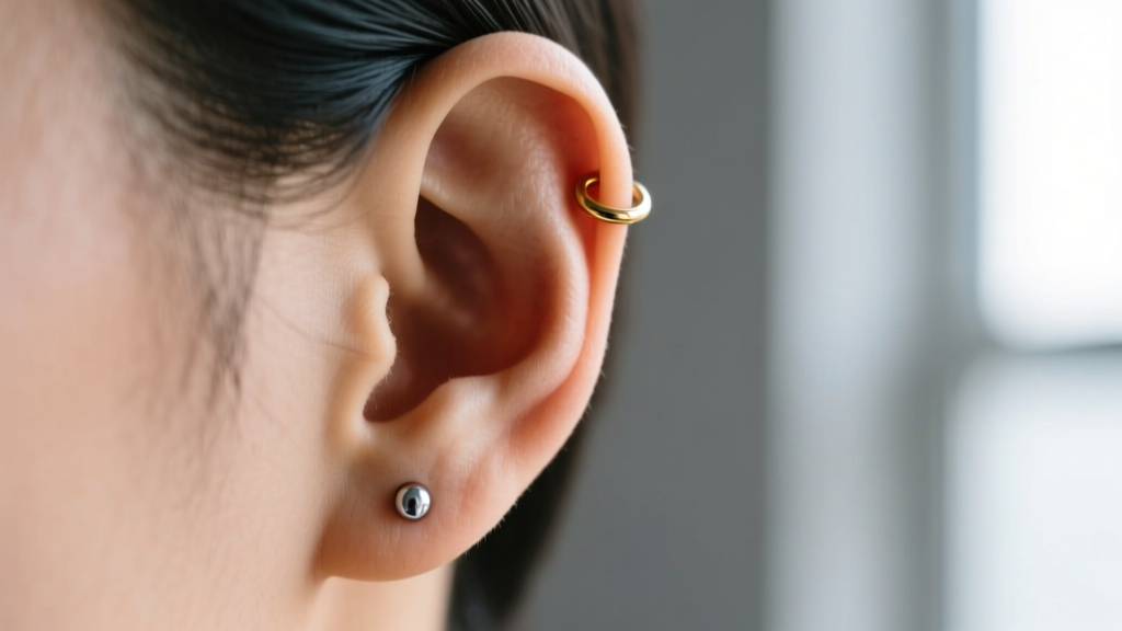 Side profile of an ear showing the anatomical difference between a standard lobe piercing and a helix cartilage piercing.