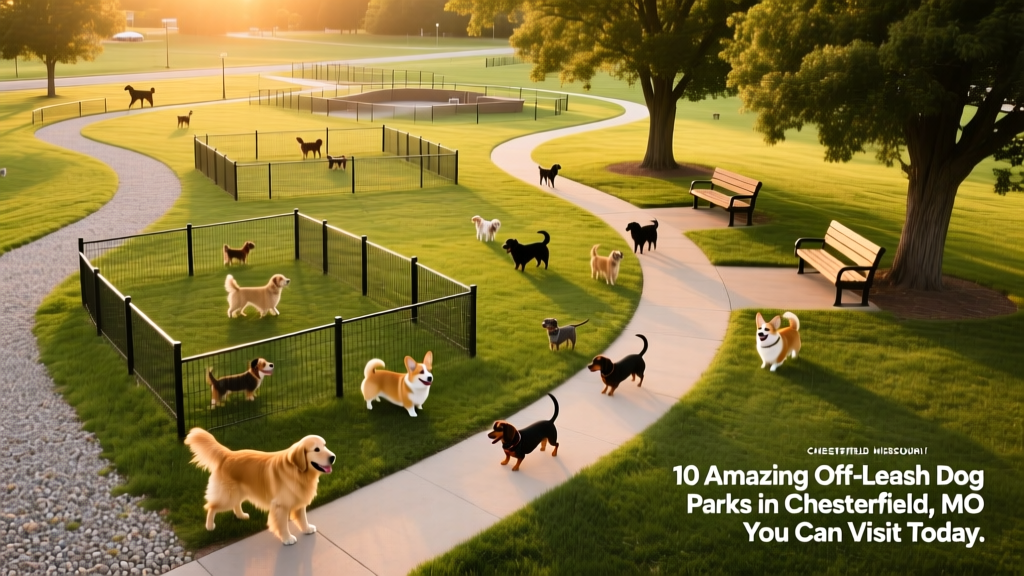 Aerial view of a well-maintained off-leash dog park with separate fenced areas for small and large dogs, walking paths, and shaded benches