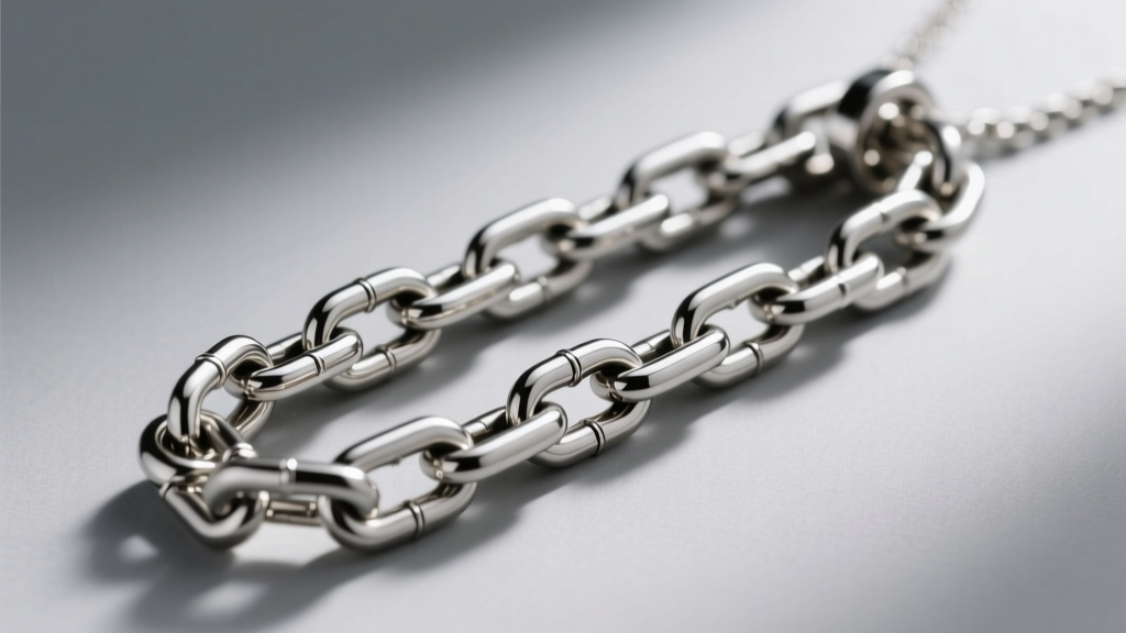 Side-angle technical diagram style photo showing the link structure of a 1.2mm stainless steel box chain supporting a heavy charm