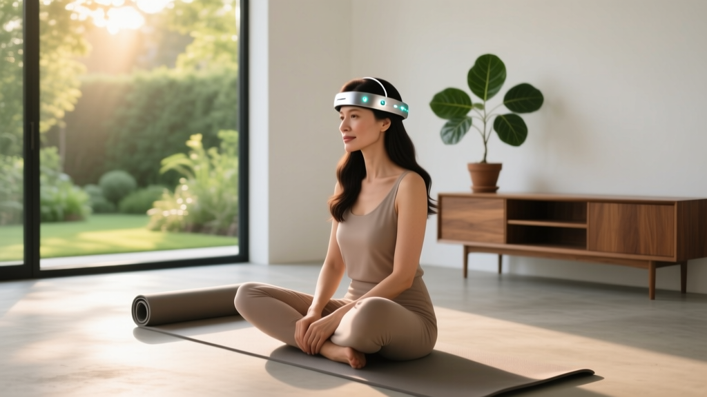 Woman wearing a sleek EEG headband meditating in a sunlit minimalist living room with a yoga mat rolled up nearby.