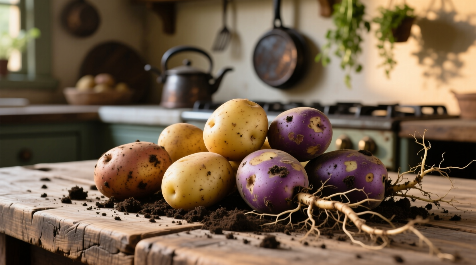Potato varieties on wooden table with soil