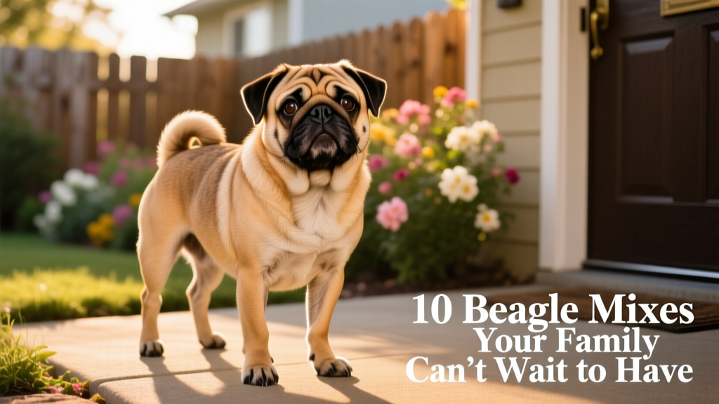 tan puggle with a beagle face and pug coloring standing outside on a sunny day