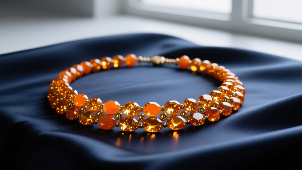 Flat lay of an orange sunstone beaded necklace on navy silk fabric, highlighting high color contrast and sparkling aventurescence.