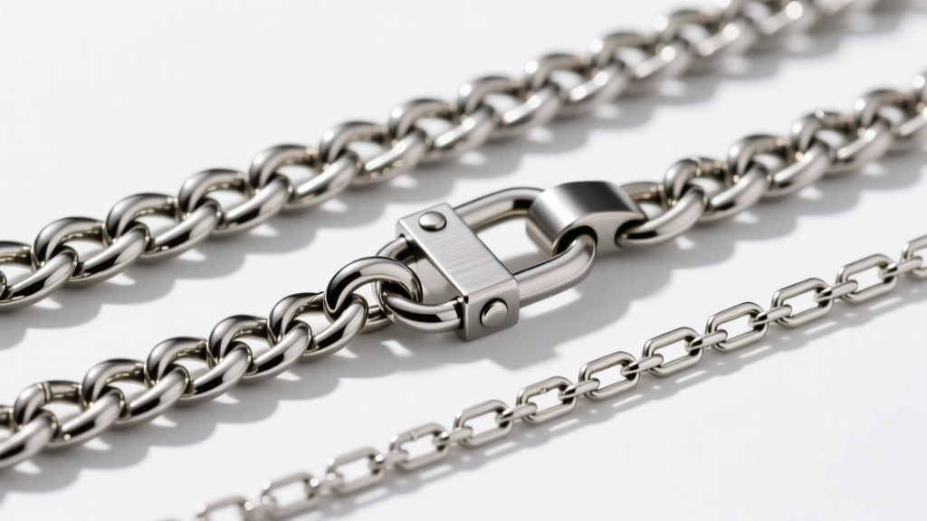 Side-by-side technical view of a 4mm stainless steel Cuban link chain and a 3mm box chain, highlighting the heavy lobster clasp.