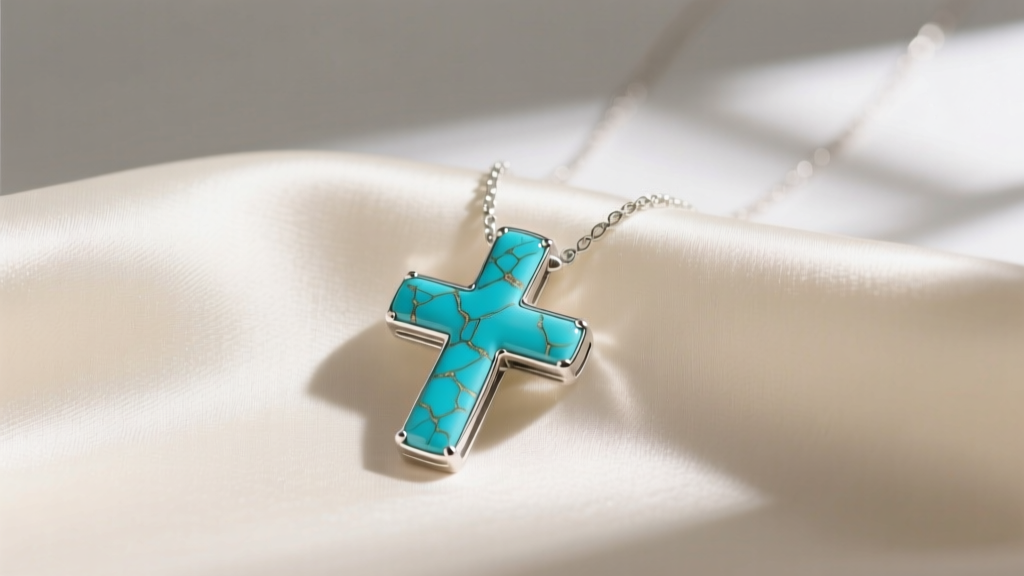 Small turquoise cross necklace in sterling silver resting on cream silk, soft window light highlighting the blue stone matrix veins