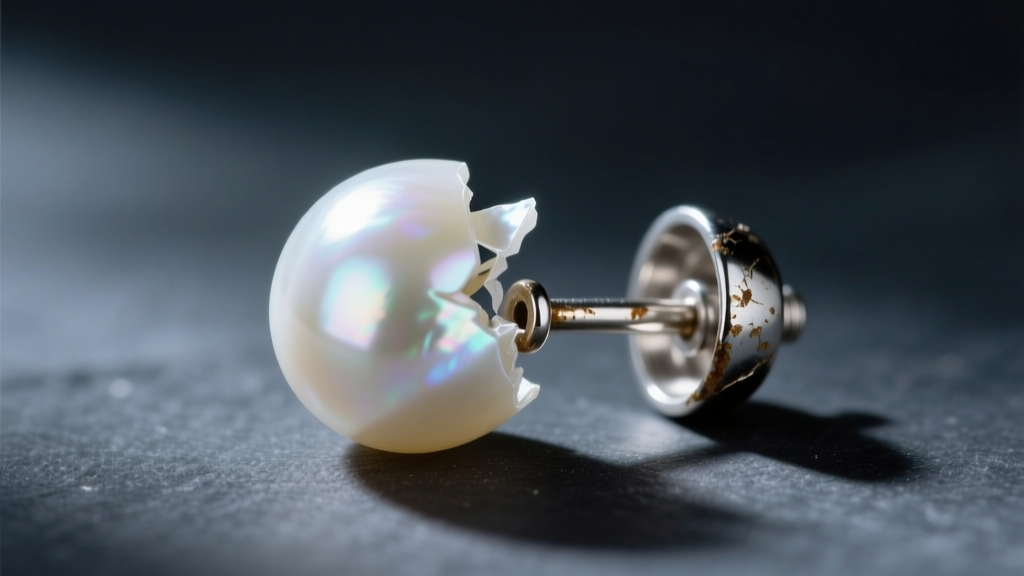 Macro shot of a broken pearl earring showing a detached white nacre sphere beside a tarnished silver post and cup on dark slate.