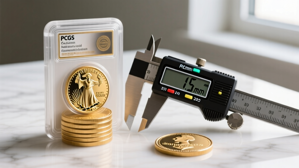 A stack of graded PCGS slabbed American Gold Eagle coins resting next to a digital caliper and a raw gold Krugerrand coin.