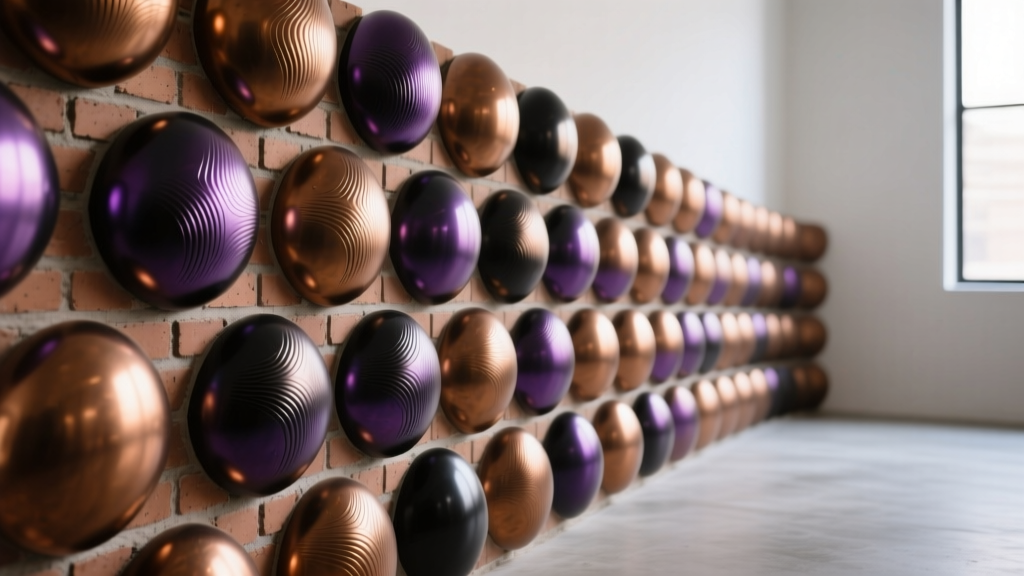 Close-up of avant-garde ovoid egg-shaped bricks with a metallic bronze glaze in deep purple and black, laid in a staggered curved masonry wall