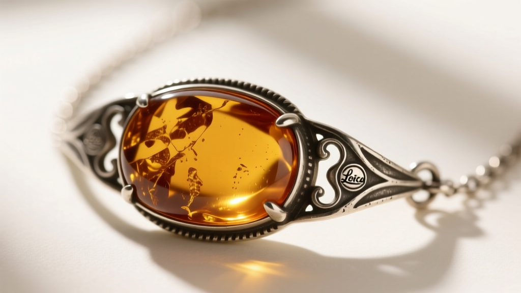Close-up of an antique butterscotch amber necklace clasp crafted from oxidized sterling silver, showing hallmarks and patina.