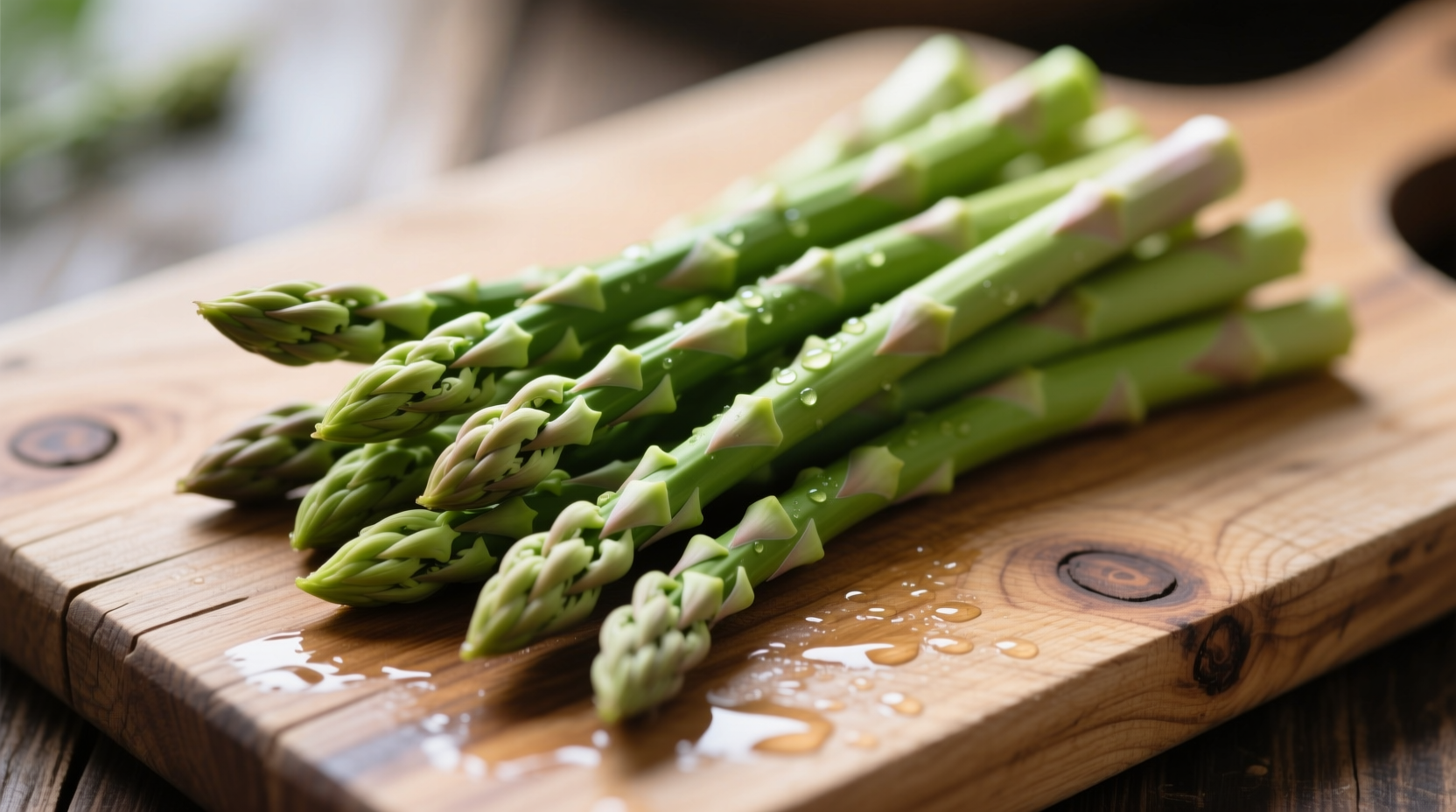Fresh asparagus spears on wooden cutting board