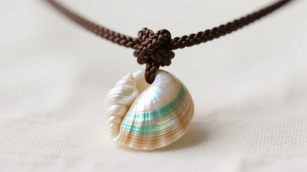 Macro shot of a finished seashell pendant secured with a macrame sliding knot on dark brown waxed cotton cord against linen