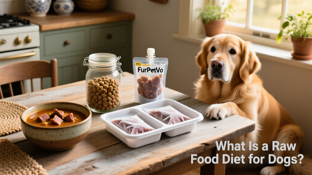 Three different FurPetVo dog food formats: wet stew, dehydrated kibble, and frozen pouches displayed side by side
