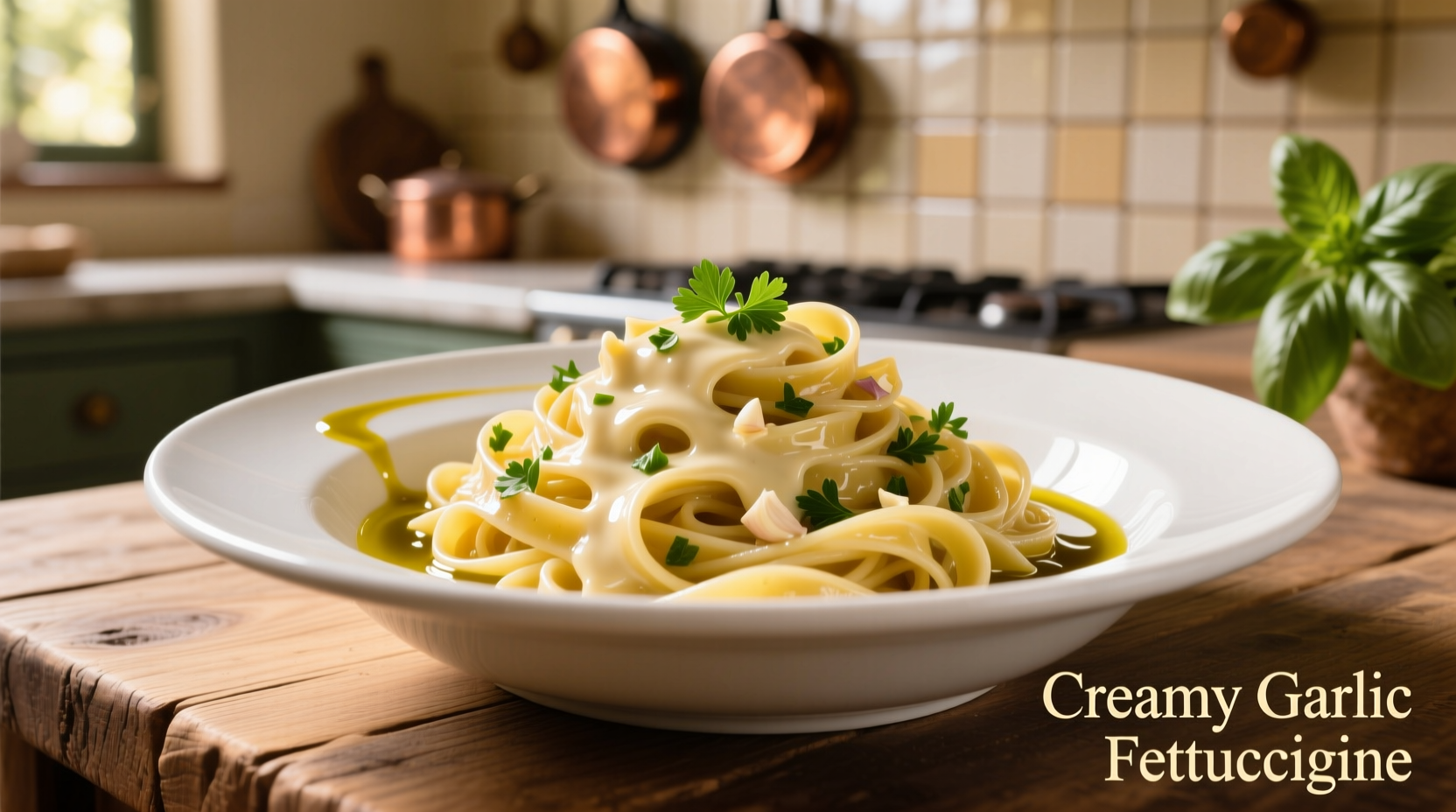 Creamy butter garlic sauce in white bowl with pasta