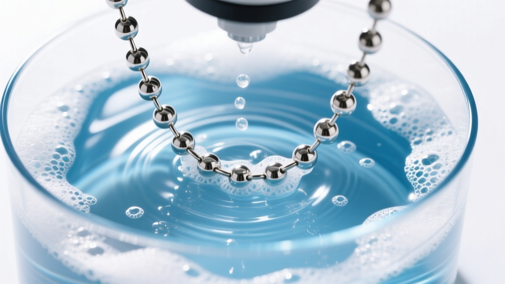 High-angle shot of an ultrasonic cleaner vibrating a 2.4mm steel ball chain in soapy water under bright studio lighting