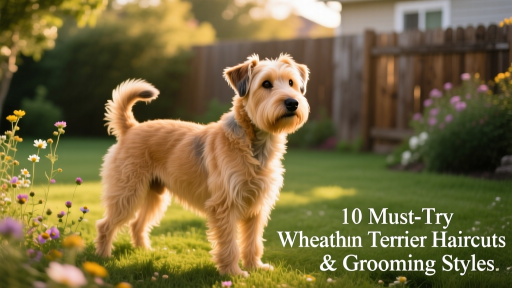 A healthy adult Wheaten Terrier standing outdoors, showcasing its full, soft, wheat-colored coat