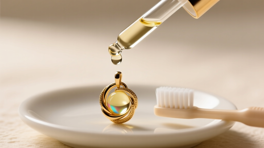 Glass dropper applying mineral oil to a tangled gold pendant bail, with a soft baby toothbrush resting nearby on a ceramic dish.