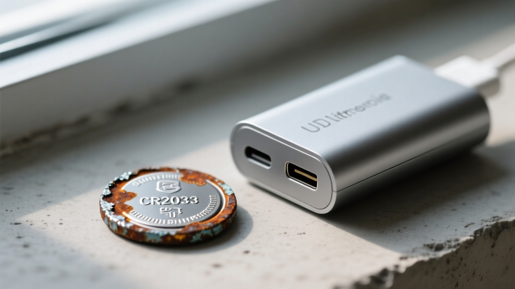 Macro shot of a corroded CR2032 button battery next to a USB-C rechargeable lithium battery pack used in sustainable kitchen tech.
