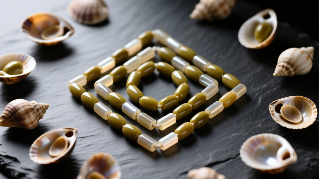 Top-down view of unworked olive shells and finished tubular olivella beads arranged on dark slate under soft natural lighting.