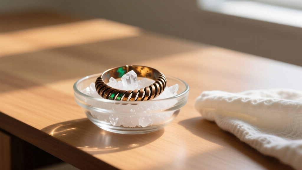 Small glass bowl of citric acid with a tarnished spiral bronze bracelet partially submerged on a wooden desk beside a cotton cloth.