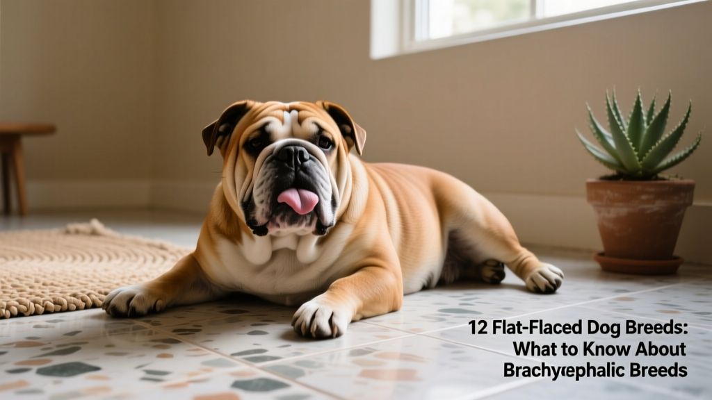 An English Bulldog resting peacefully on a cool tile floor, tongue slightly out, illustrating relaxed breathing posture
