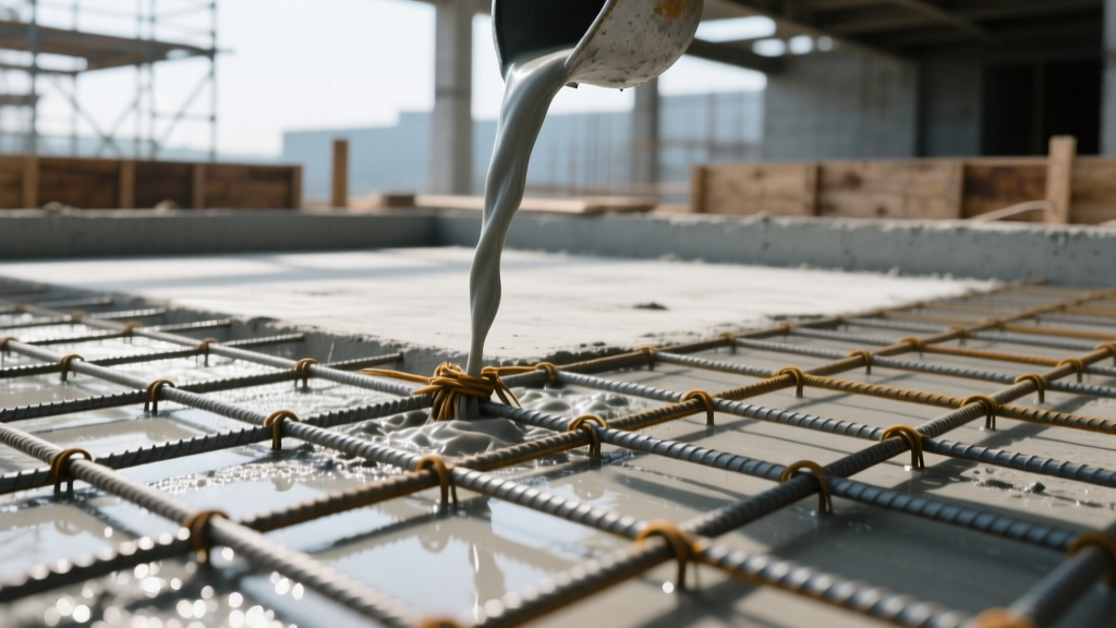 Concrete pour showing a tied steel rebar grid beside a slab section poured with macro-synthetic fiber reinforced concrete.