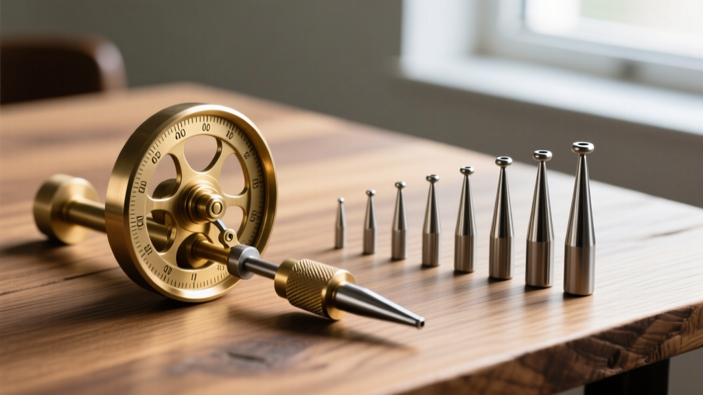 Macro shot of a brass gauge wheel measuring tool on a wooden table next to various sizes of steel ear stretching tapers