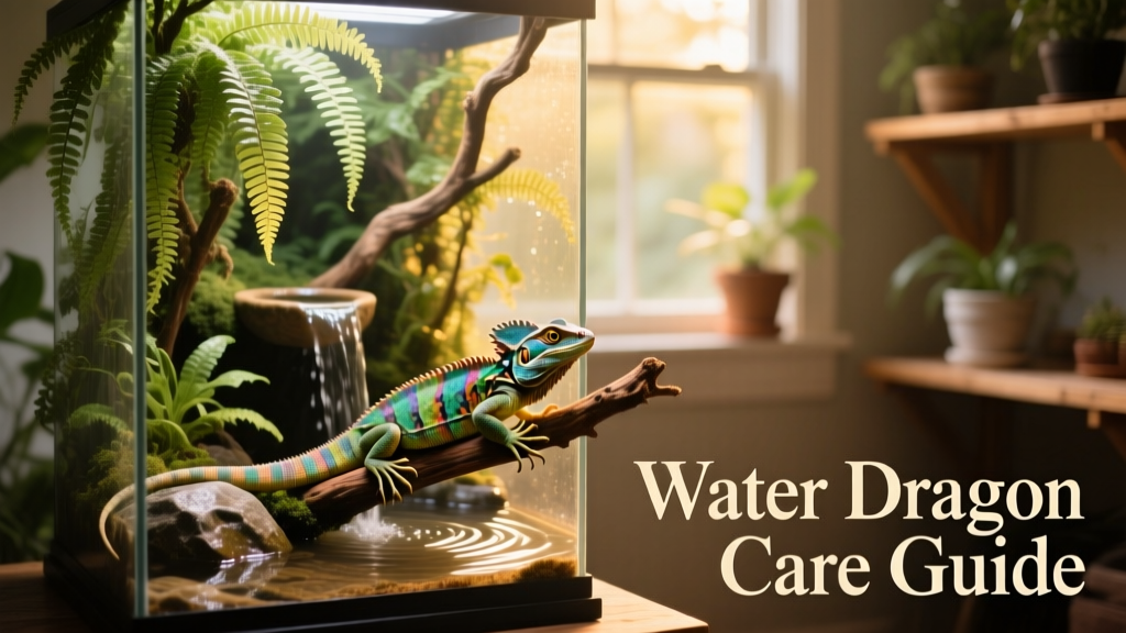 A lush, vertically oriented water dragon terrarium with basking branches, a large water feature, and live ferns